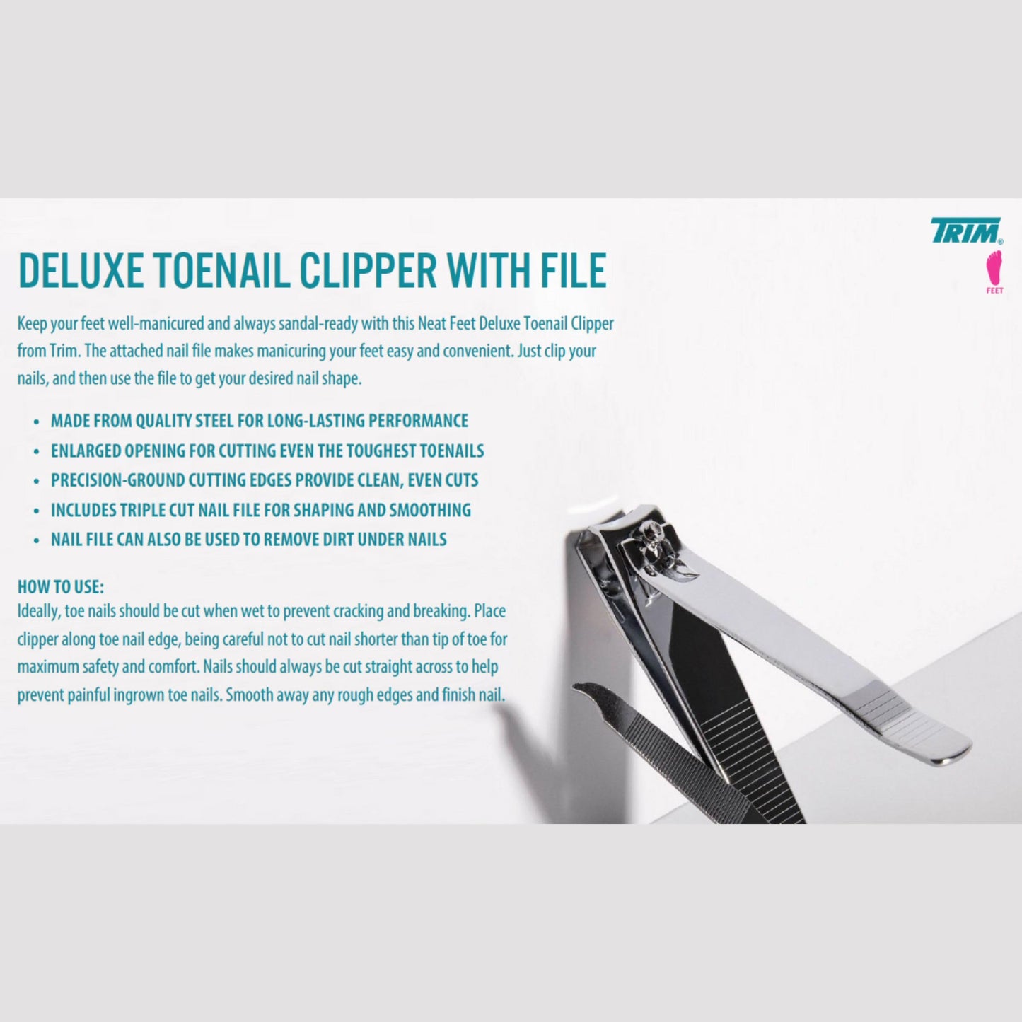 Trim Neat Feet Foot Care Implements Deluxe Toenail Clipper with File, Straight Edge, Stainless Steel, Cuts Toughest Toenails, Helps with Ingrown