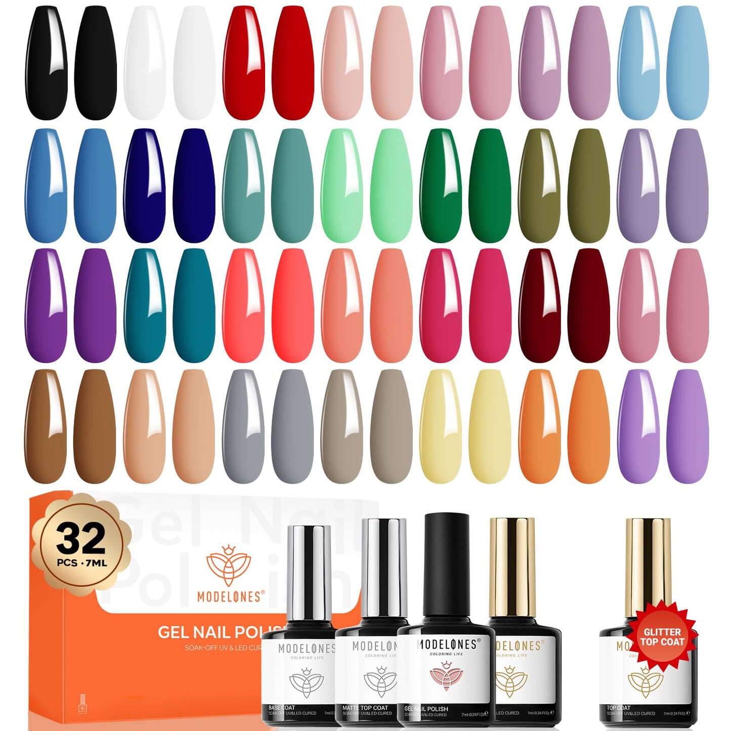 modelones 32 PCS Gel Nail Polish Set, 28 Colors Gel Polish with No Wipe Base Coat, Glitter & Glossy & Matte Top Coat Black Brown Red Purple Soak Off Beauty and Personal Care modelones Default Title