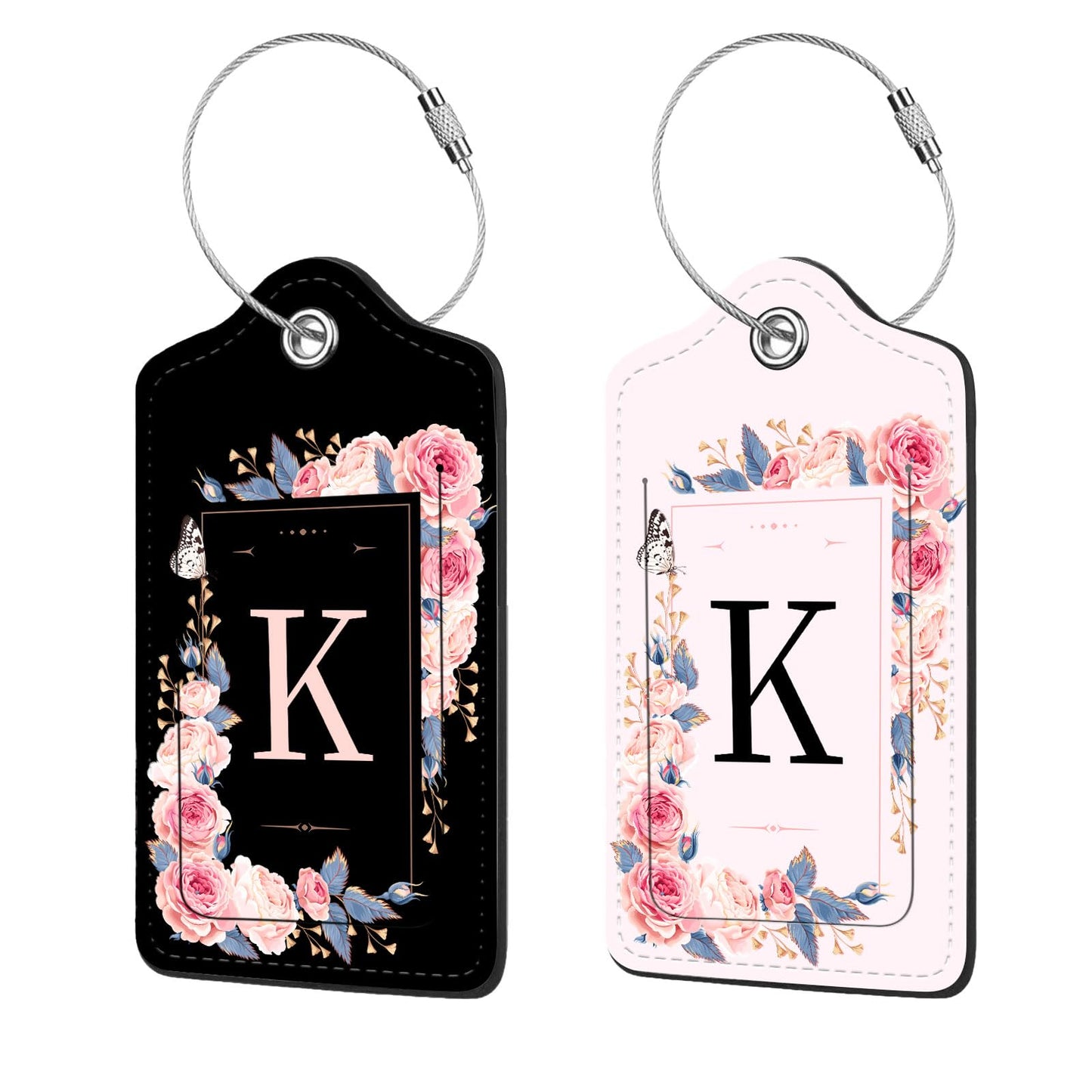 2 Pcs PU Leather Luggage Tags – Suitcase ID Tags with Privacy Shield & Address Card for Travel Bags, Backpacks & Handbags (Flower & Monogram K)