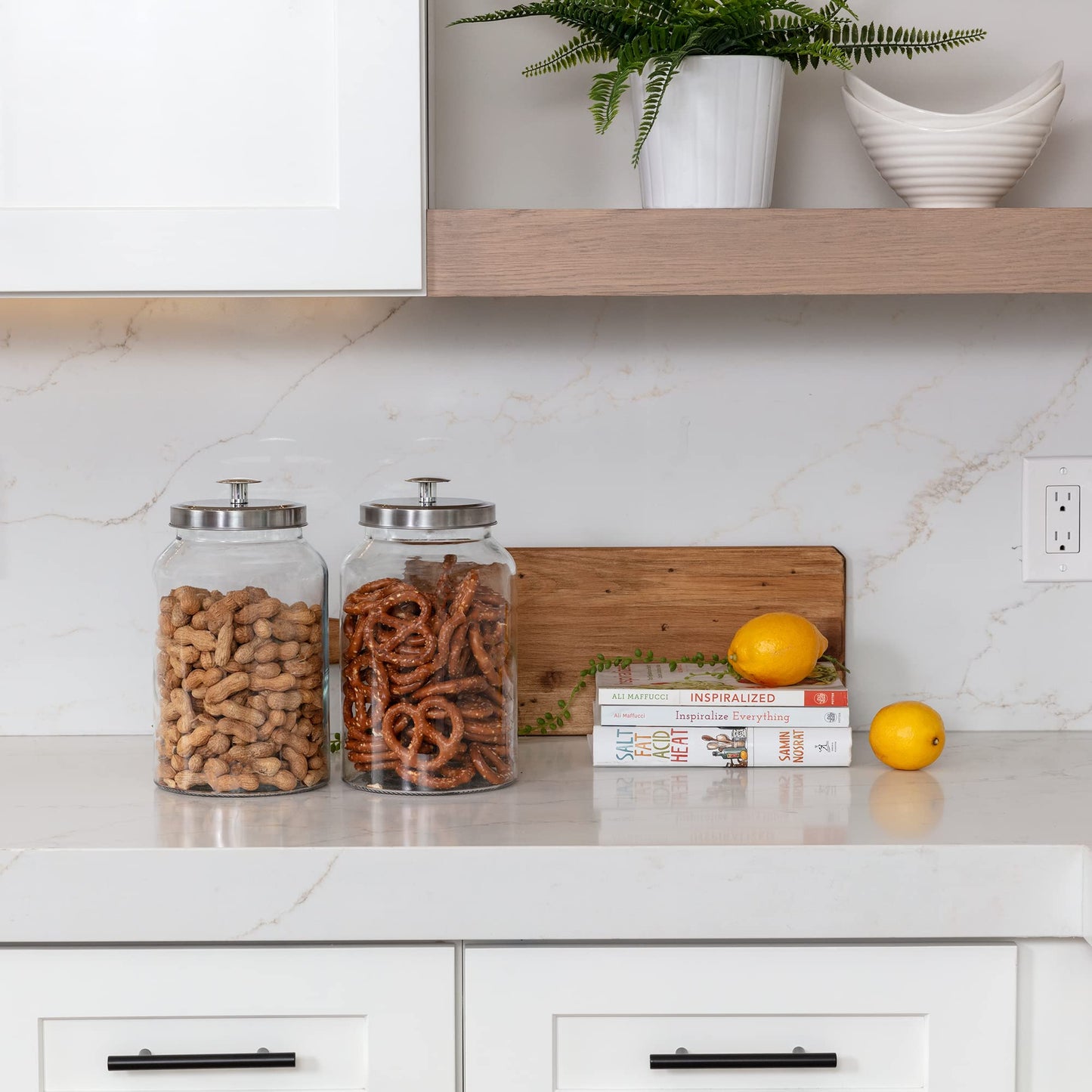 2 Large 1-Gallon Glass Canister Sets for Kitchen Counter with Stainless Steel Airtight Lids + Marker & Labels, Cookie Jar & Candy Jar for Buffet…