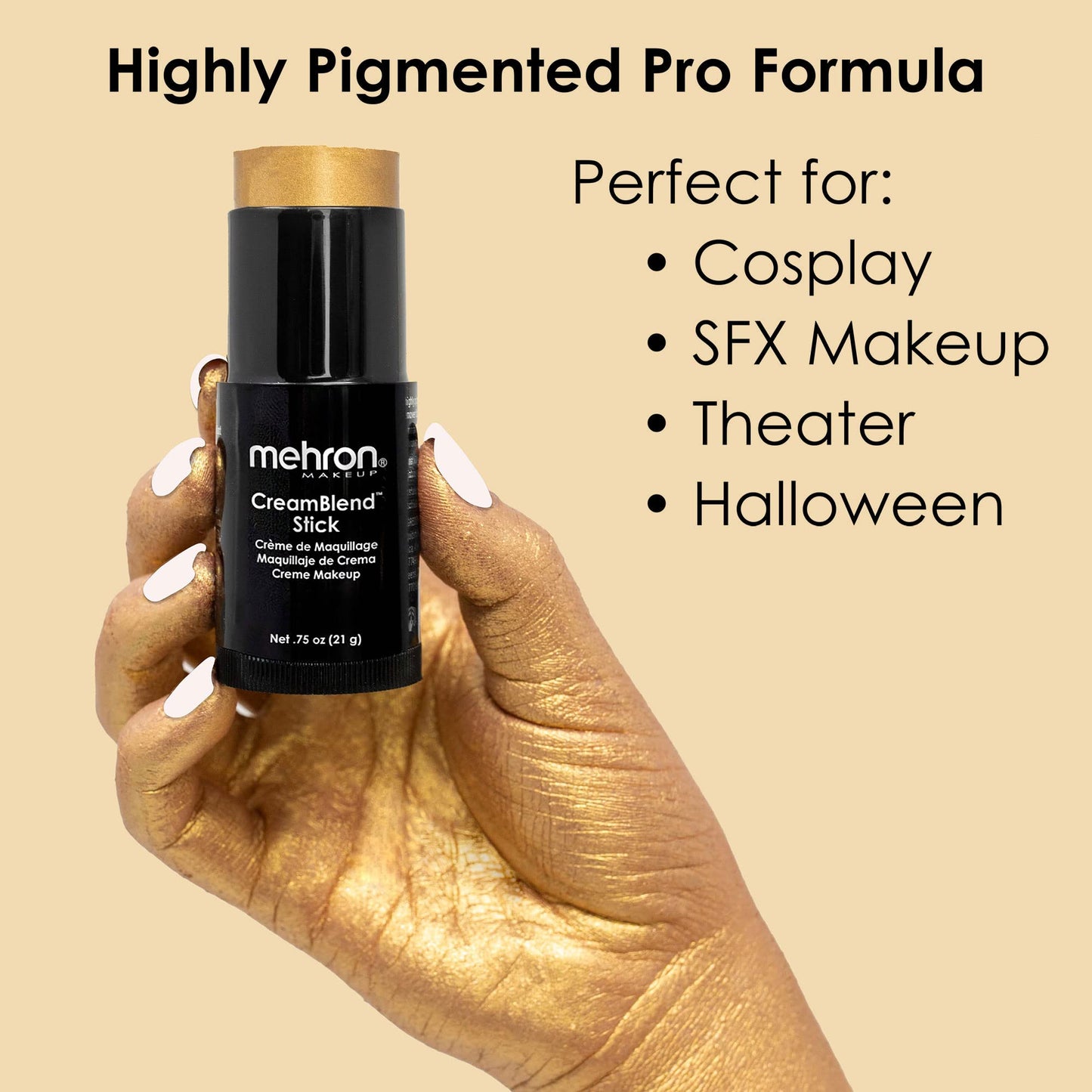 Mehron Makeup CreamBlend Stick | Face Paint, Body Paint, & Foundation Cream Makeup | Perfect for Halloween .75 oz (21 g) (Gold)