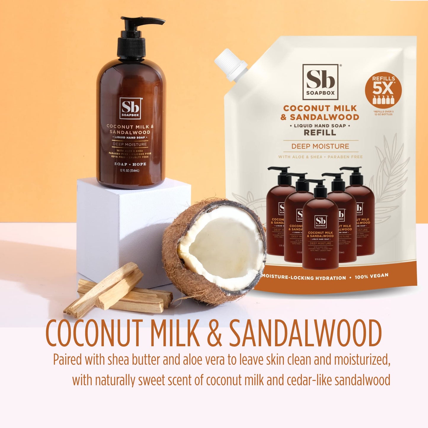 Soapbox Liquid Hand Soap Refill, Coconut Milk & Sandalwood, Vegan, Paraben Free, Moisturizing, Natural Hand Wash for Kitchen and Bathroom, 64oz Half