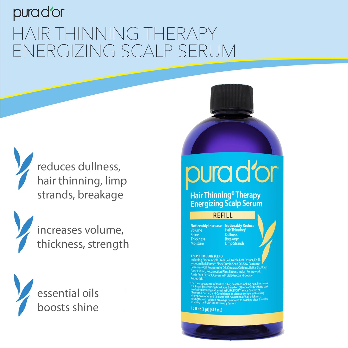 PURA D'OR 16 Oz Hair Thinning Therapy Energizing Scalp Serum Revitalizer - Large Refill Bottle - Argan Oil, Biotin, Caffeine, Stem Cell & Catalase Beauty and Personal Care PURA D'OR