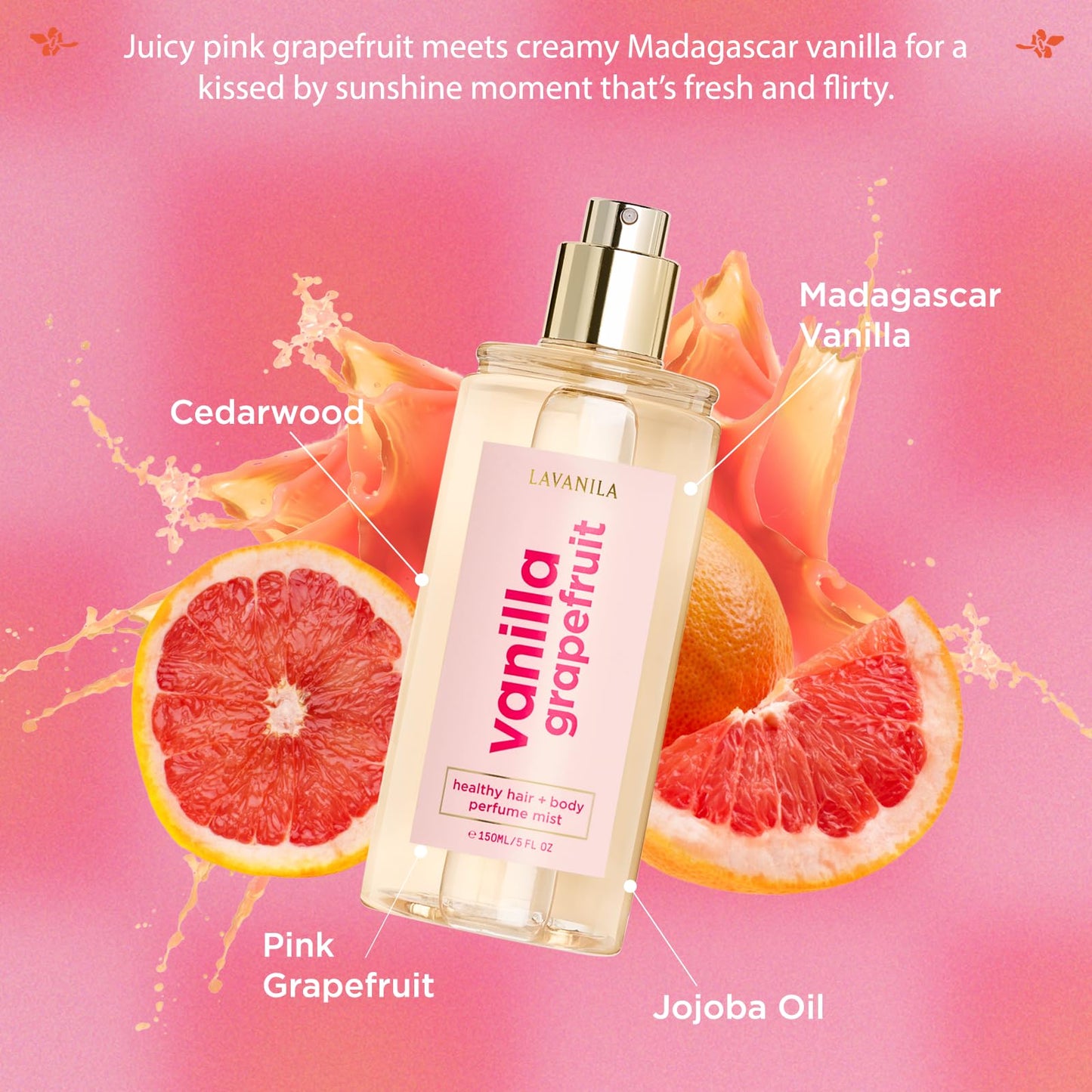 Lavanila Vanilla Grapefruit Healthy Hair + Body Perfume Mist, 5 Fl Oz - Bright & Uplifting Fragrance Spray Formulated with Jojoba Oil, Madagascar