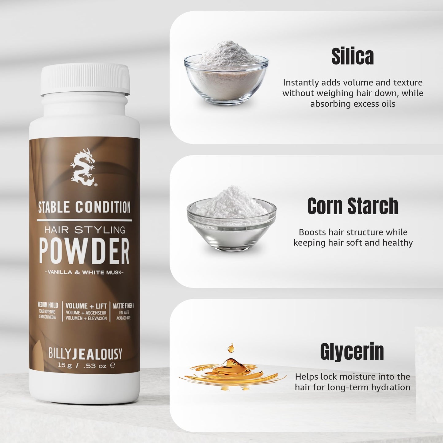 Billy Jealousy Stable Condition Hair Styling Powder - Volume & Texture Powder for Men, Medium Hold, Matte Finish, Vegan, Vanilla & White Musk Scent