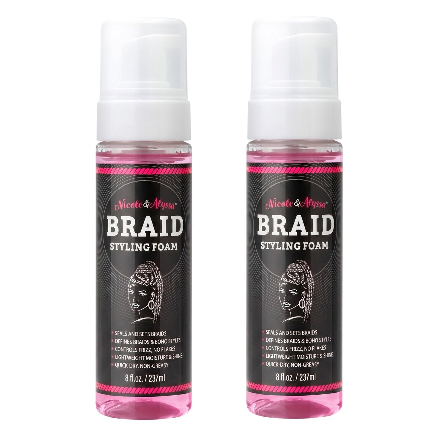 Nicole & Alyssa Braid Styling Foam 8oz - Extra Hold Foam Mousse for Braids, Boho Braids, Crochet Styles, Twists & Locs - High Shine, Flake-Free