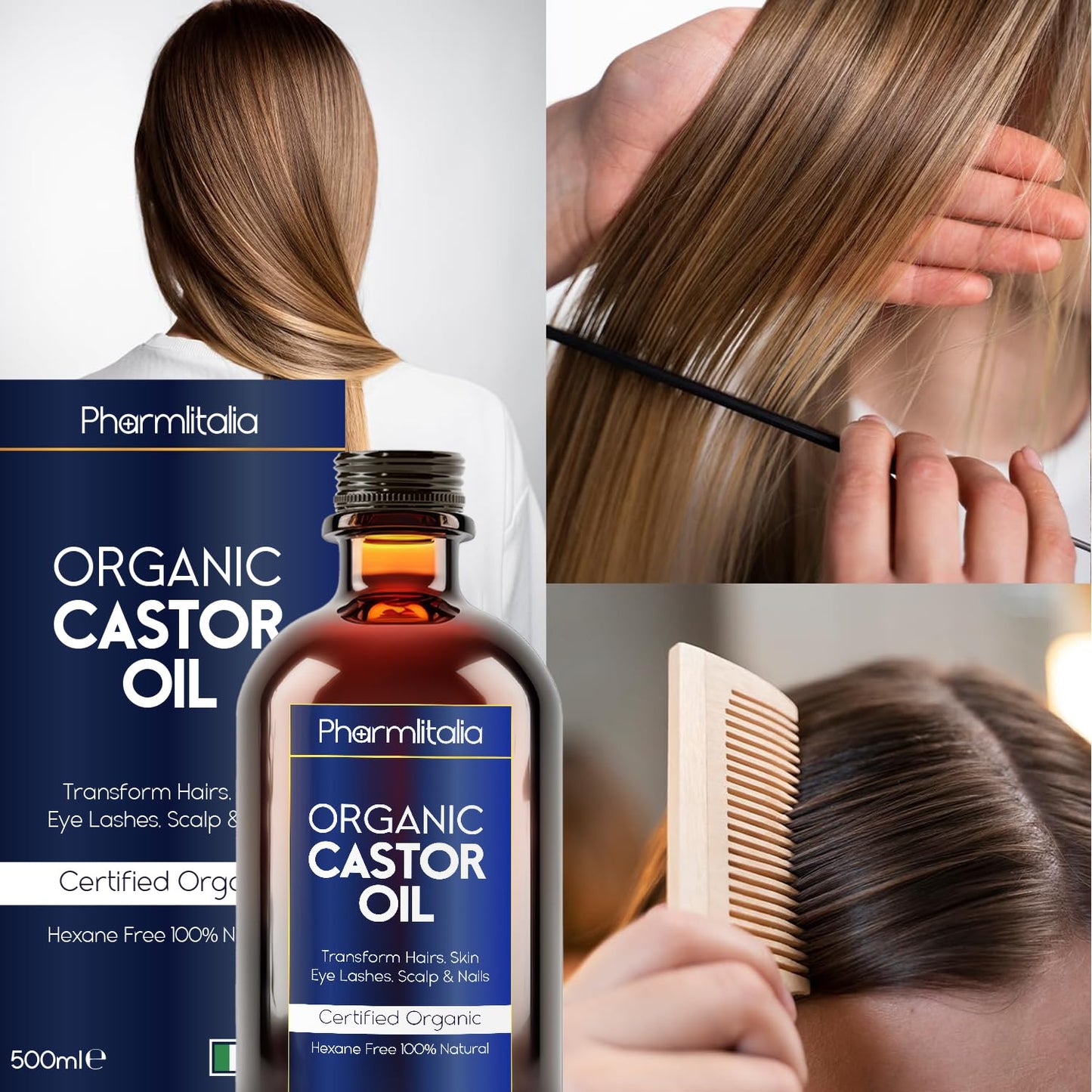 Pharmlitalia Caster Oil Organic Cold Pressed Unrefined Glass Bottle - Organic Golden Castor Oil for Face, Scalp, Eyelashes, Skin Care and Nails