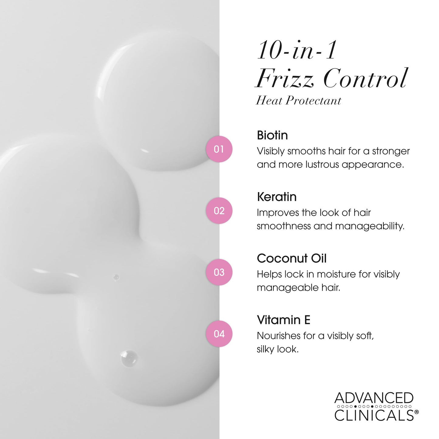 Advanced Clinicals 10-in-1 Anti-Frizz Hydrating Heat Protectant Hair Cream Coconut & Bamboo Strengthen, Detangle & Smooth Dry, Damaged Hair DEA