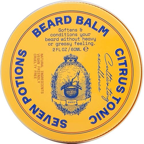 SEVEN POTIONS Beard Balm for Men - Conditioning Softener to Nourish Skin, Facial Hair, and Stop Beard Itch - All-Natural, Vegan, Cruelty Free - Citrus