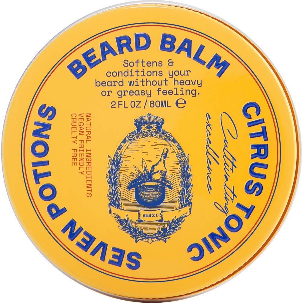 SEVEN POTIONS Beard Balm for Men - Conditioning Softener to Nourish Skin, Facial Hair, and Stop Beard Itch - All-Natural, Vegan, Cruelty Free - Citrus
