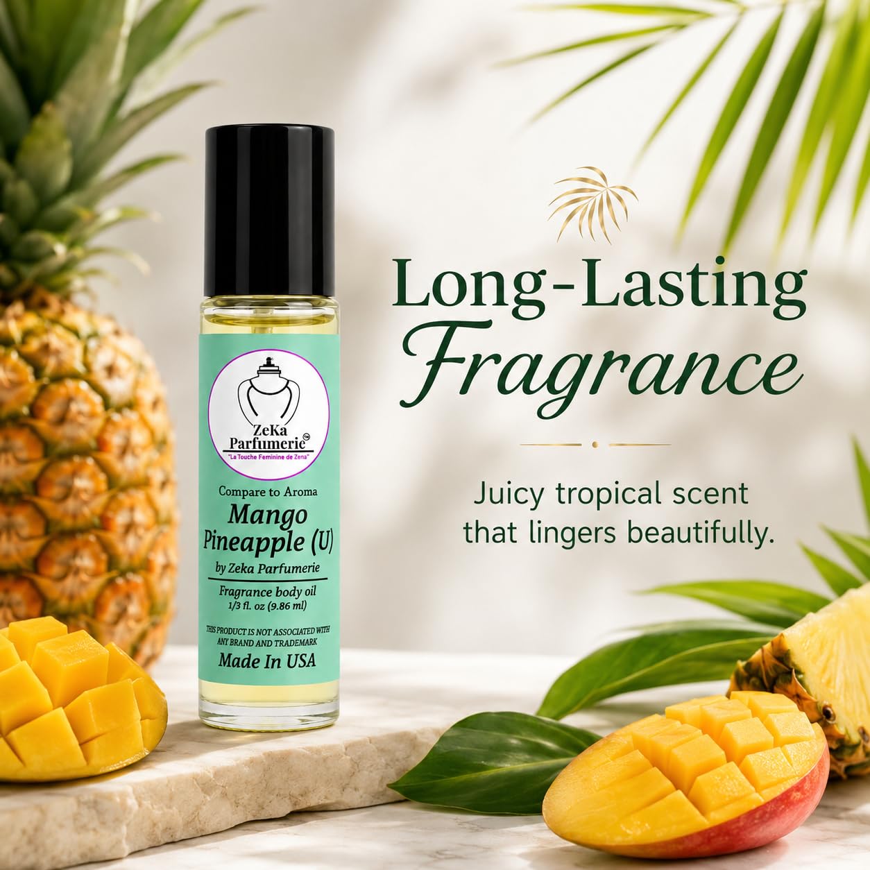 ZEKA PARFUMERIE Mango Pineapple Perfume Oil | Long-Lasting Unisex Fragrance Body Oil | Alcohol-Free Roll-On | 1/3 Fl Oz (9.86 mL) Made in USA