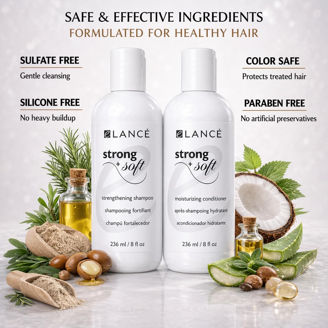 Hair Growth & Repair Shampoo and Conditioner Set with Rosemary, Minoxidil, Biotin, Argan & Keratin - eLANCÉ Strong + Soft - Anti Hair Loss, Frizz