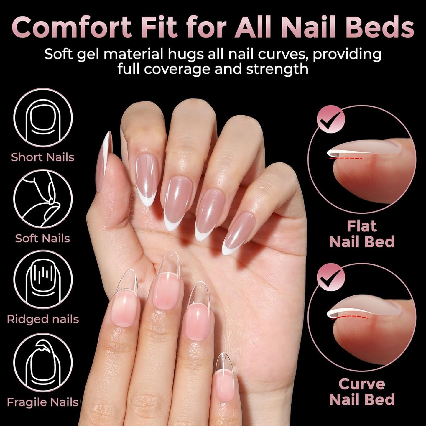 Luckyfairy Medium Almond Nail Tips, 240pcs Soft Gel Pre-Filed Acrylic Almond Fake Nails, Half Matte Full Cover Clear Press on Flase Nail Tips for Nail Beauty and Personal Care Luckyfairy