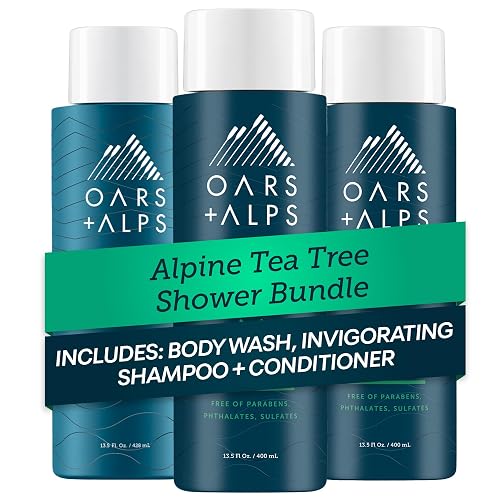 Oars + Alps Men's Sulfate Free Hair Shampoo, Conditioner, and Body Wash Kit, Moisturizing Skin Care Infused with Witch Hazel and Tea Tree Oil, Alpine
