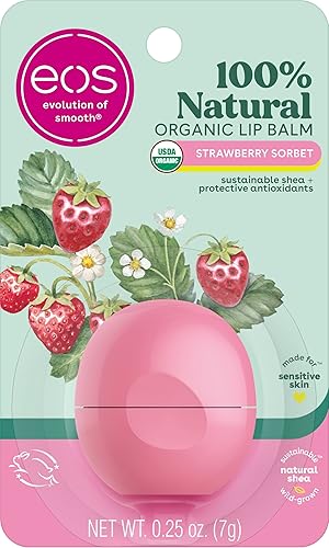 eos 100% Natural & Organic Lip Balm- Strawberry Sorbet, All-Day Moisture, Dermatologist Recommended for Sensitive Skin, Lip Care Products, 0.25 oz