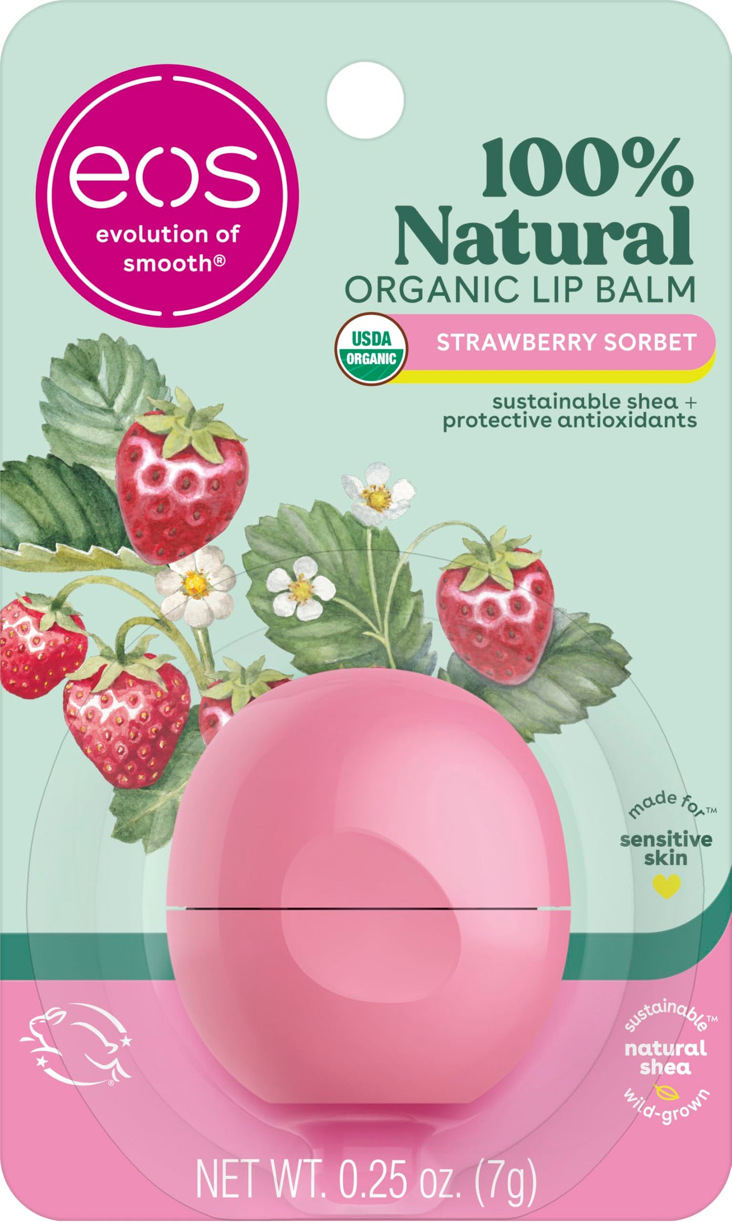 eos 100% Natural & Organic Lip Balm- Strawberry Sorbet, All-Day Moisture, Dermatologist Recommended for Sensitive Skin, Lip Care Products, 0.25 oz