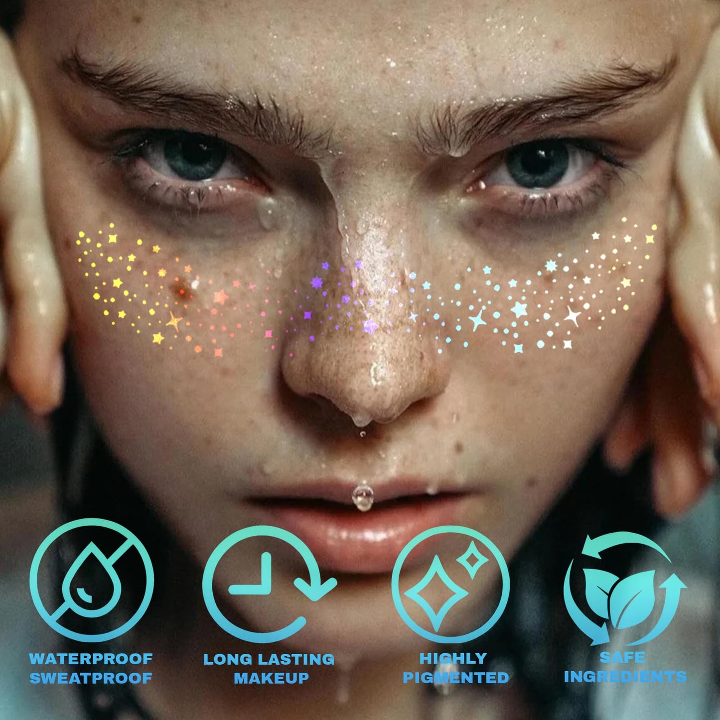 Glitter Freckles, Holographic Face and Body Glitter Tattoo Sparkle for Women Gold Glow Cosmetic Star Makeup Accessories for Festival Rave (12pcs