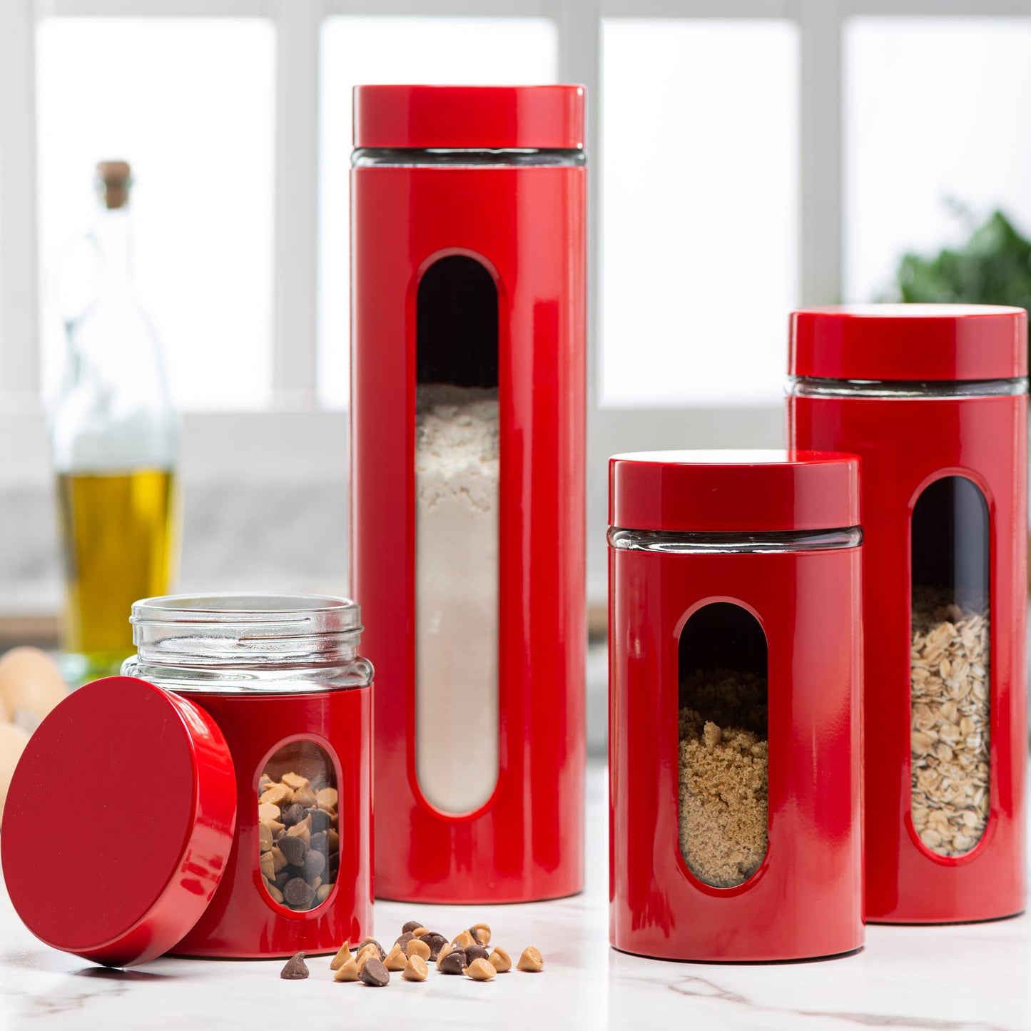Quality Modern Red Stainless Steel Canister Set for Kitchen Counter with Glass Window & Airtight Lid - Food Storage Containers with Lids Airtight…