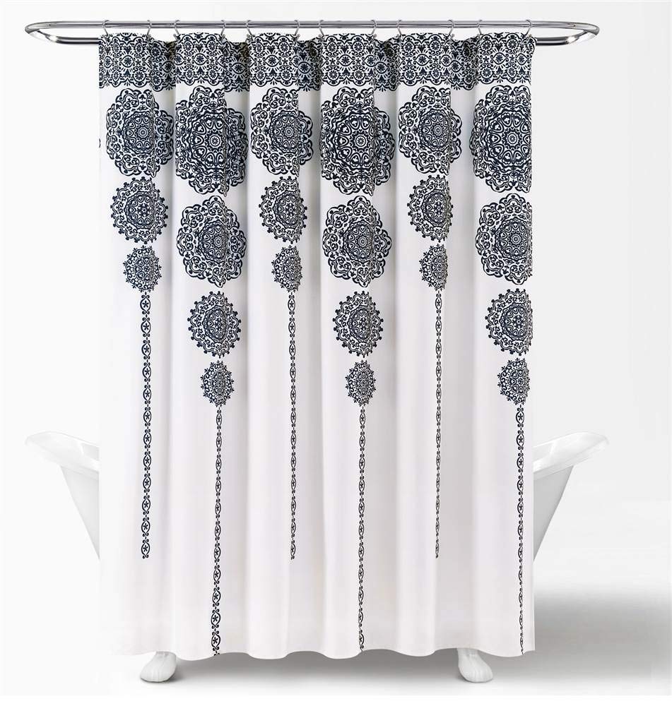 Lush Decor Stripe Medallion Shower Curtain-Fabric Mandala Bohemian Damask Print Design, 72" x 72", Navy