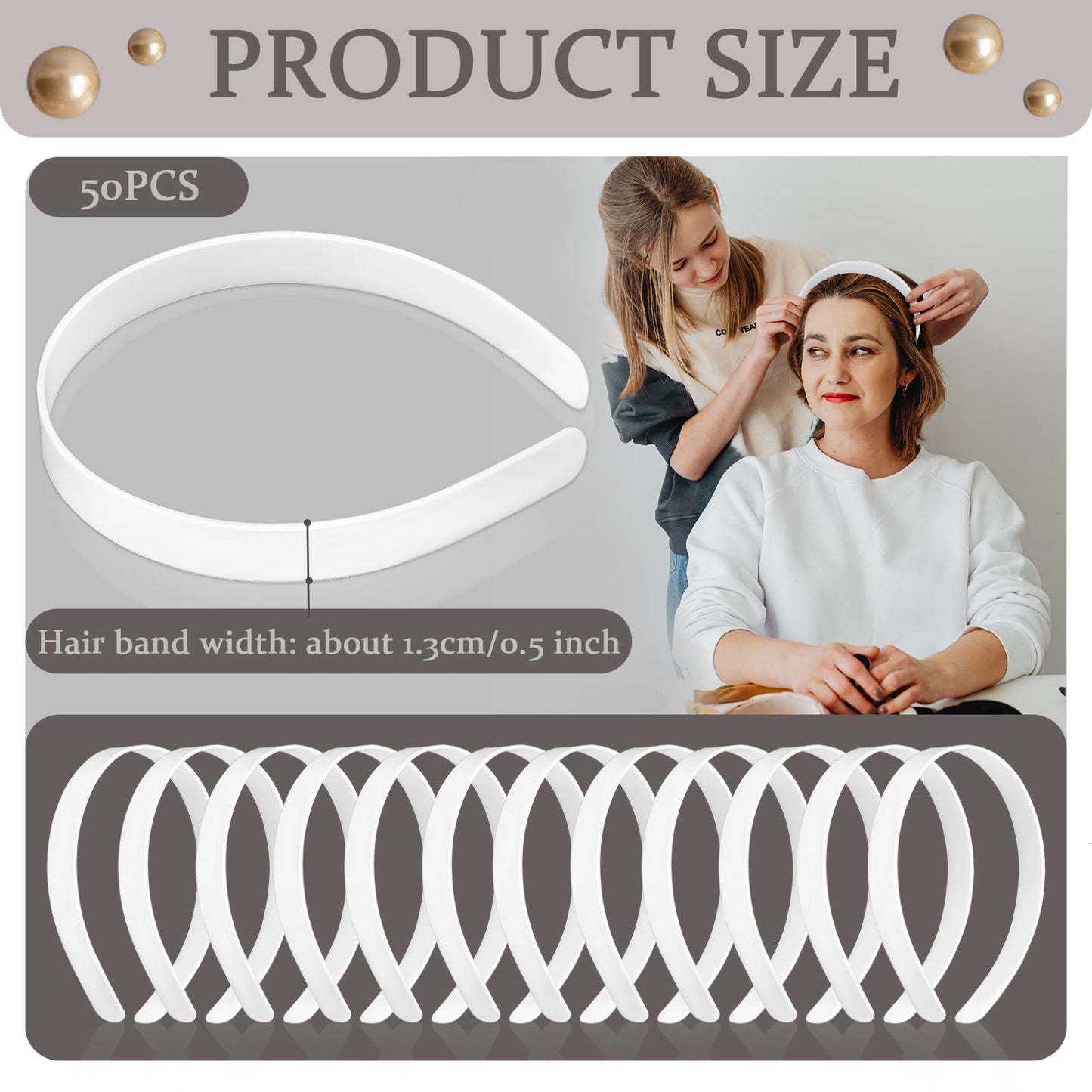 Amersumer 50PCS 1/2 Inch Plain Plastic Headbands for Girls No Teeth DIY Hair Accessories, White