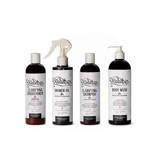 DandyMen Men’s Shower Set - Shampoo, Conditioner, Body Wash & Shower Oil - Cleansing & Moisturizing Grooming Kit for Hair & Skin (Obsidian Cardamom)