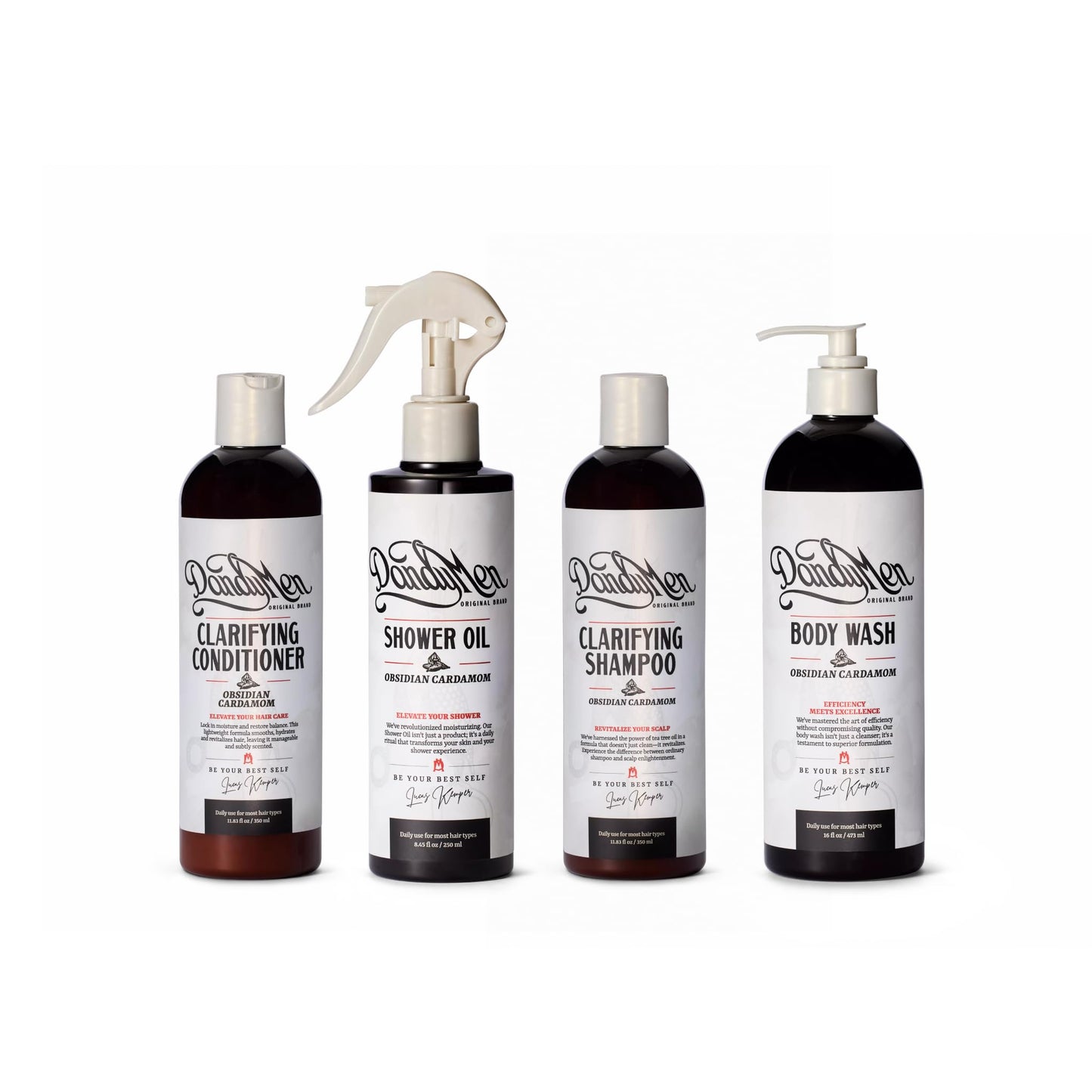 DandyMen Men’s Shower Set - Shampoo, Conditioner, Body Wash & Shower Oil - Cleansing & Moisturizing Grooming Kit for Hair & Skin (Obsidian Cardamom)