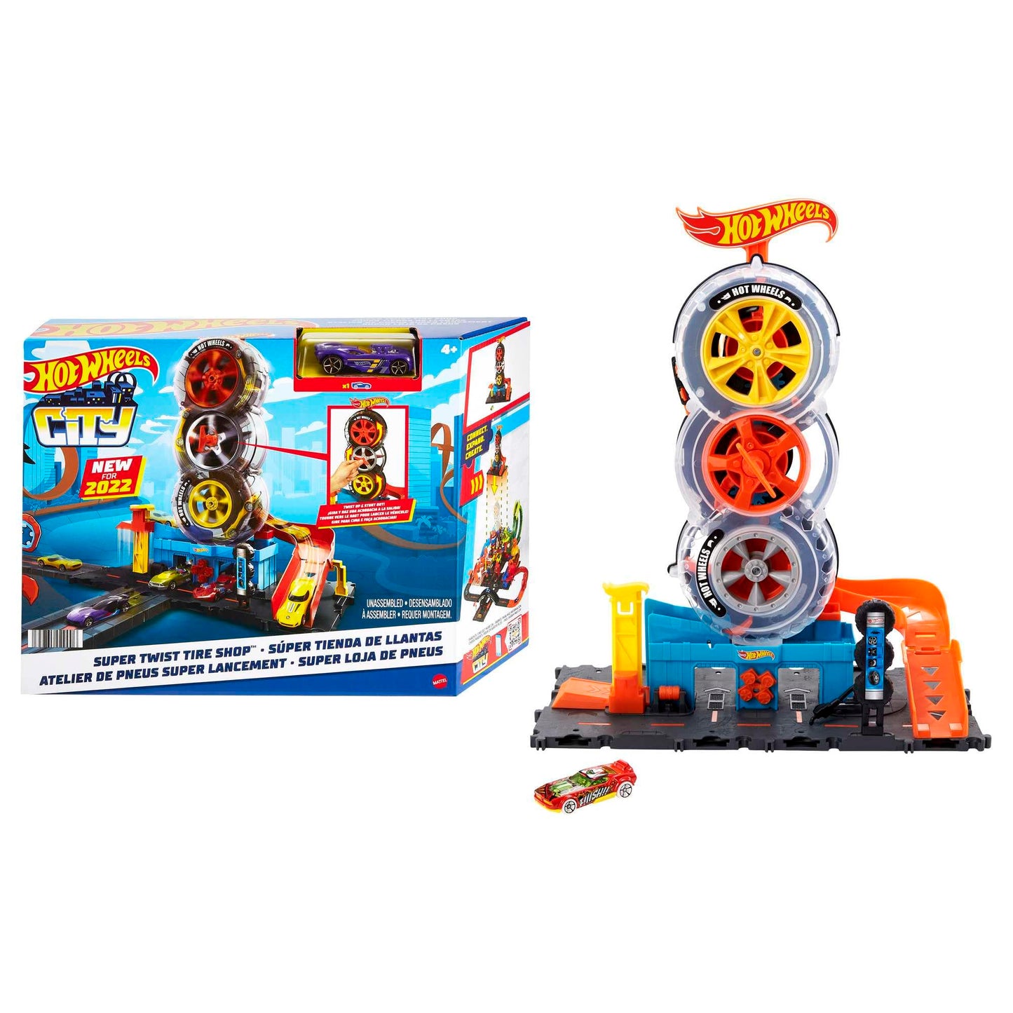 Hot Wheels City Super Twist Tire Shop Playset, Spin The Key to Make Cars Travel Through The Tires, Includes 1 Car, Gift for Kids 4 to 8 Years Old…