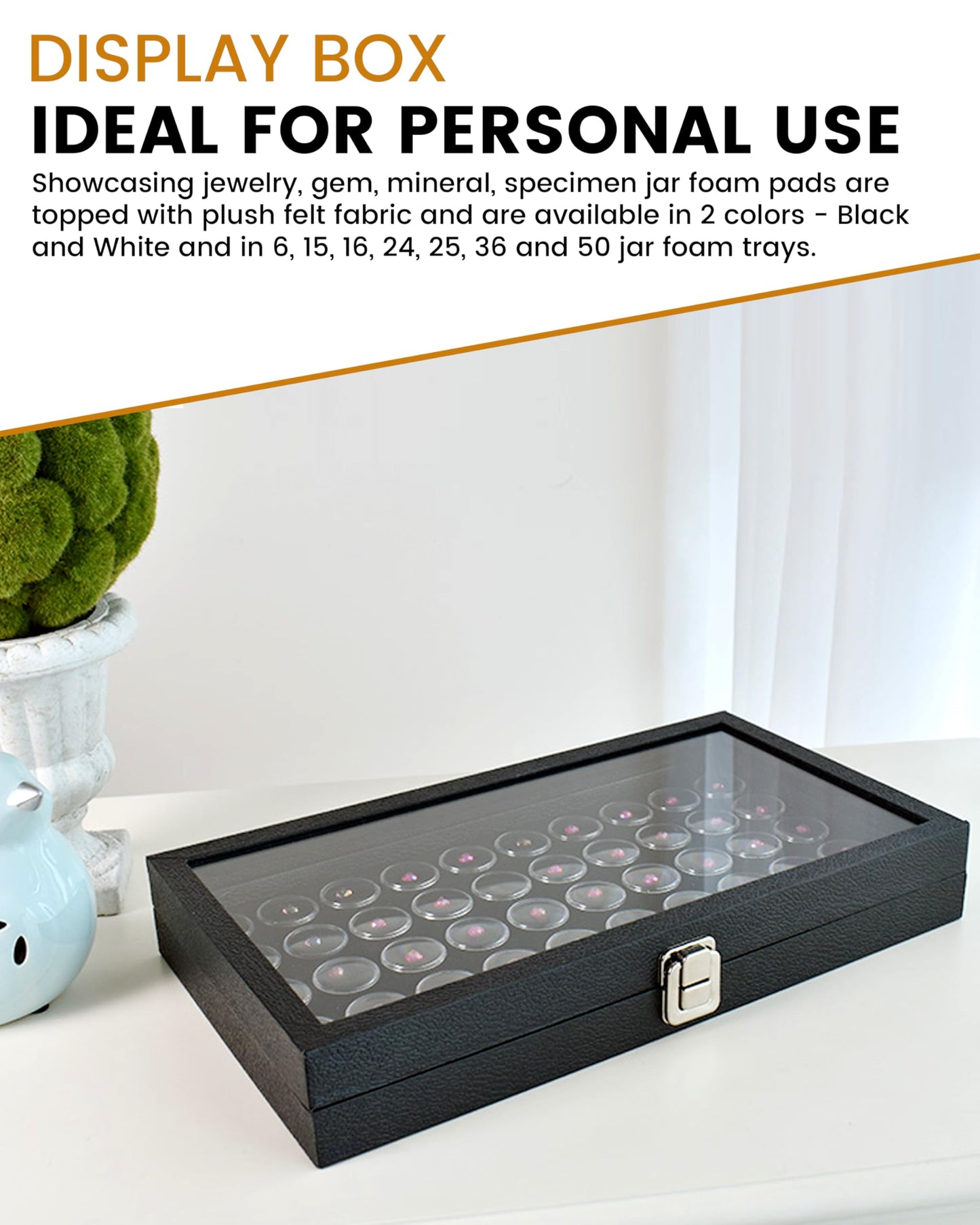 Novel Box Gem Display Case 14.75x8.25x2.1 + Small Size 50 Gems Jars | Fossil Display Case with Lid & Black Tray Foam Liner | Rock Storage Box…