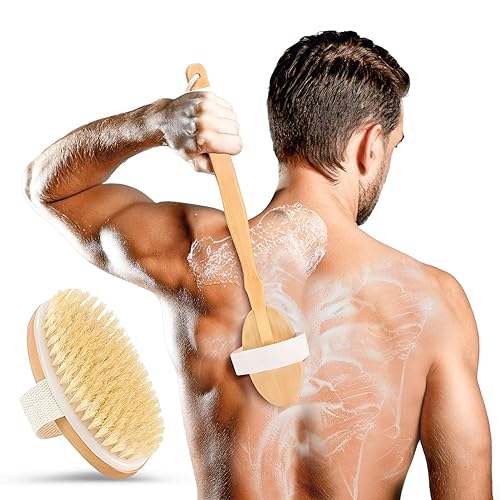 Back Scrubber for Shower - 20" Long Handle Shower Brush - Natural Bristle Back Brush - Ergonomic Handle + Silicone Anti-Slip Grip - Great Gift Idea