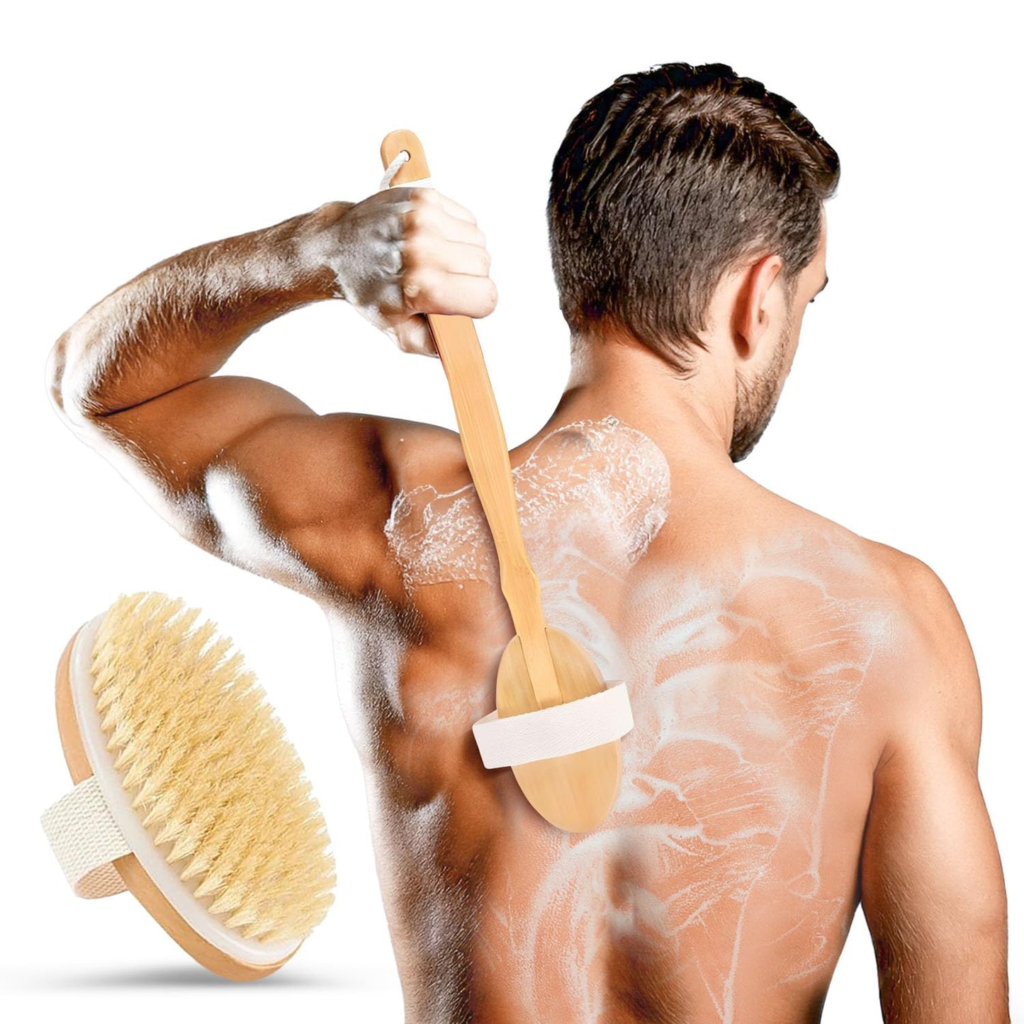Back Scrubber for Shower - 20" Long Handle Shower Brush - Natural Bristle Back Brush - Ergonomic Handle + Silicone Anti-Slip Grip - Great Gift Idea