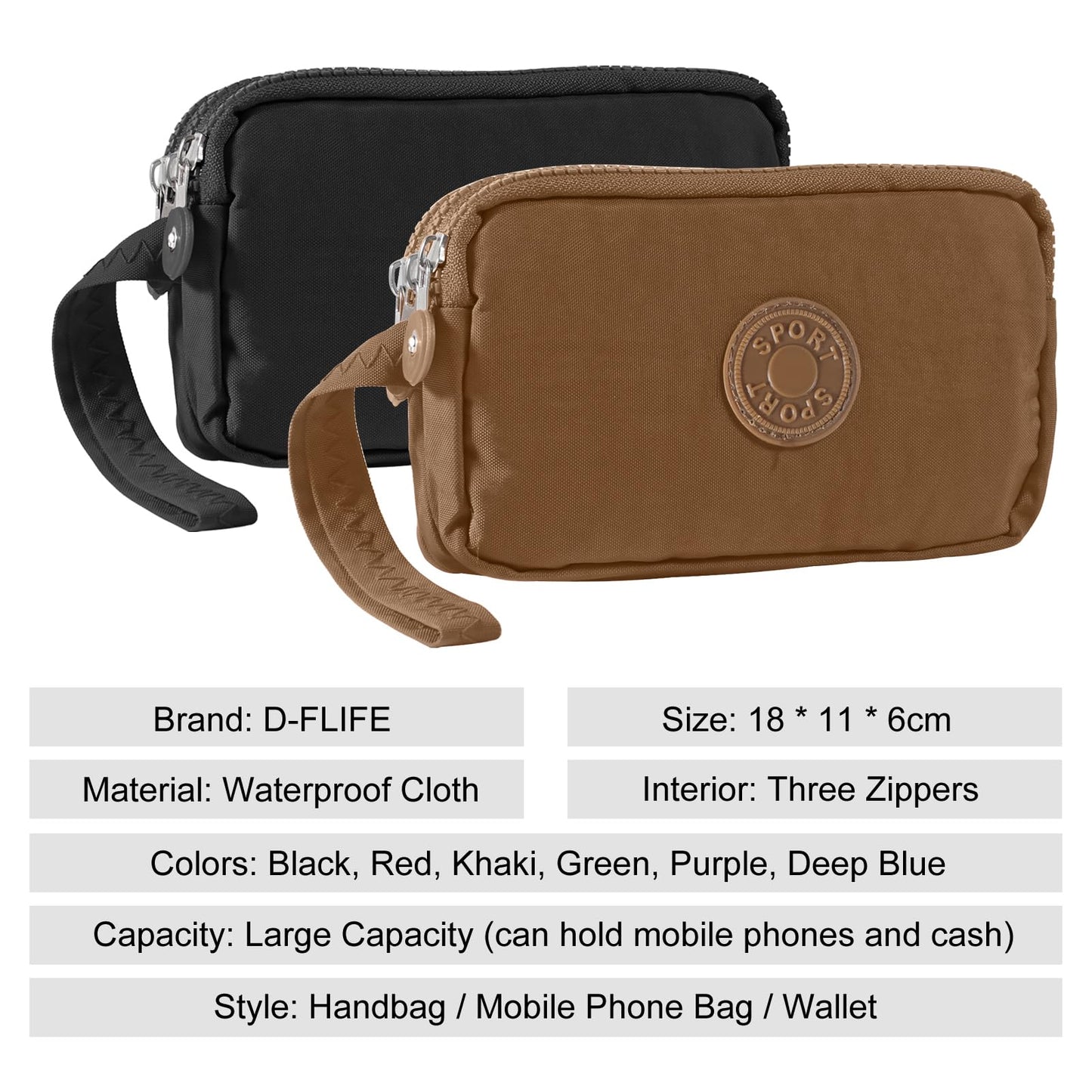 D-FLIFE Large Capacity Wristlet Wallet - Women 3 Layers Zipper Oxford Cloth Waterproof Handbag Purse (black+khaki)