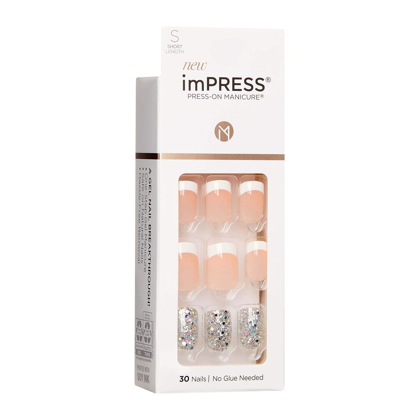 KISS imPRESS Press-On Manicure, Nail Kit, PureFit Technology, Short Press-On Nails, 'Time Slip', Includes Prep Pad, Mini Nail File, Cuticle Stick,