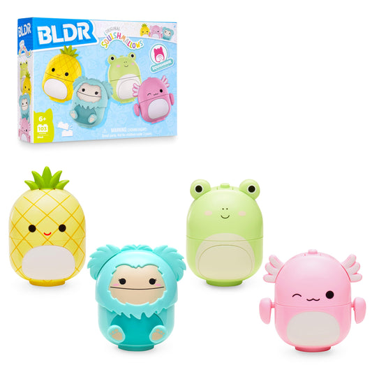 BLDR Squishmallows Buildable Figure Multipack - Maui Pineapple, Joelle Bigfoot, Wendy Frog & Archie Axolotl - Collectible Toy for Fans Ages 8+, 0140