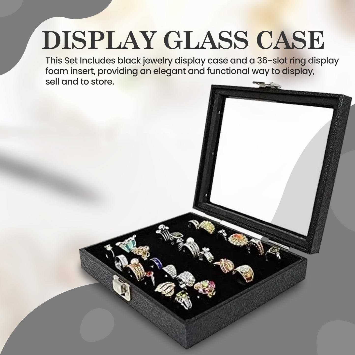 Novel Box Ring Display Glass Case Black 8.25x7.25x2 Inches with 36-Slot Black Ring Foam Insert - Travel Ring Case with Metal Clasp - Jewelry Box…