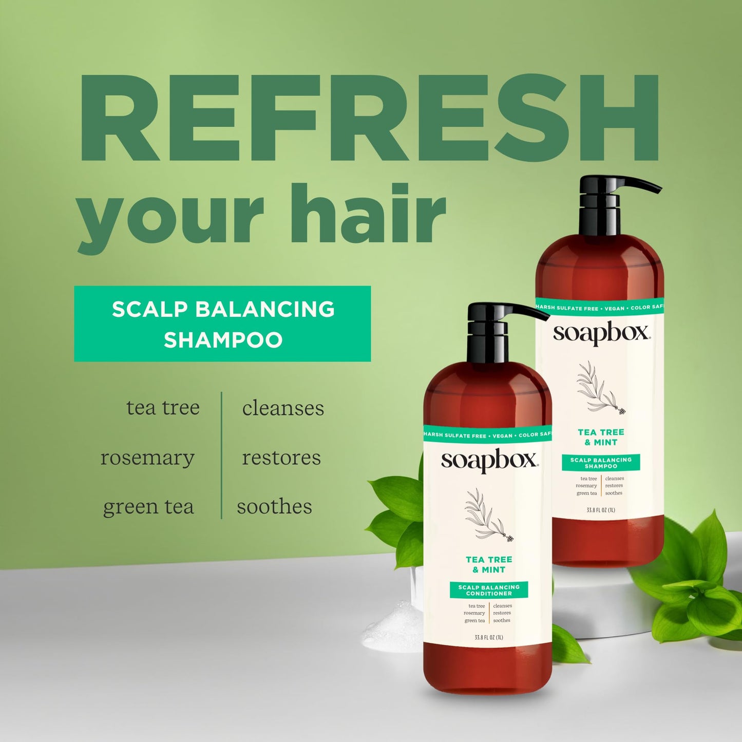 Soapbox Tea Tree Oil & Mint Shampoo & Conditioner Set, Leaves Hair & Scalp Balanced & Soothed - Clean Ingredients Free of Harsh Chemicals, Sulfates
