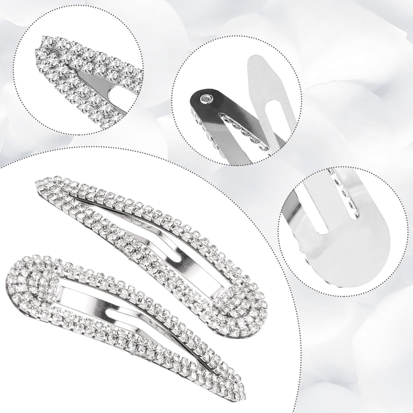 HINZIC 4Pcs 3 Inch Rhinestone Hair Clips, Sparkly Snap Hair Barrettes, Metal No Slip Silver Hair Pins Valentines Wedding Party Prom Birthday