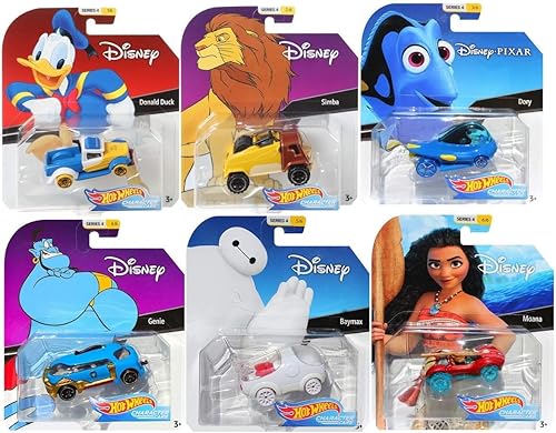 Hot Wheels 2019 Disney/Pixar Character Cars Series 4, Set of 6 Collectible Die Cast Toy Cars Moana, Dory, Donald Duck, Genie, Simba, Baymax
