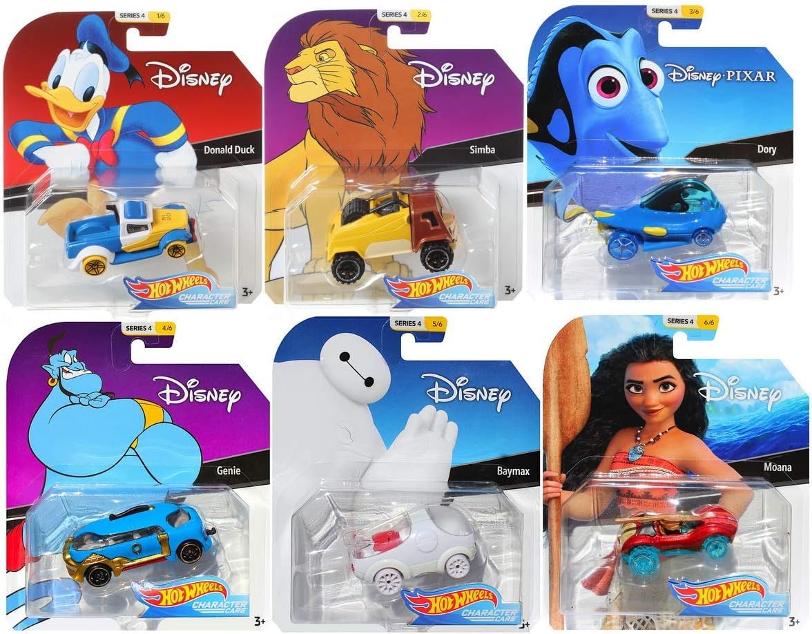 Hot Wheels 2019 Disney/Pixar Character Cars Series 4, Set of 6 Collectible Die Cast Toy Cars Moana, Dory, Donald Duck, Genie, Simba, Baymax