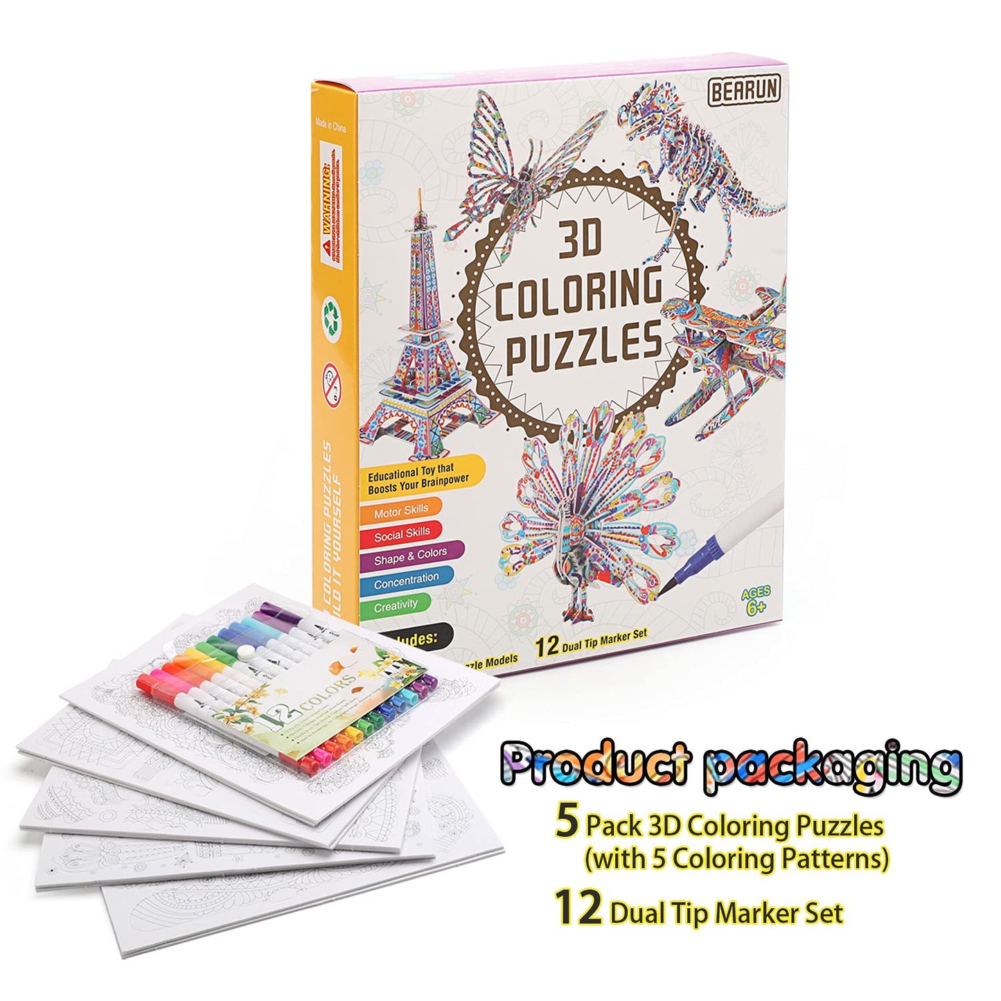 BEARUN 3D Coloring Puzzle Set – Arts & Crafts Kit for Kids Ages 6–12, Educational Painting & DIY Craft Toy, Birthday Gift for Boys & Girls