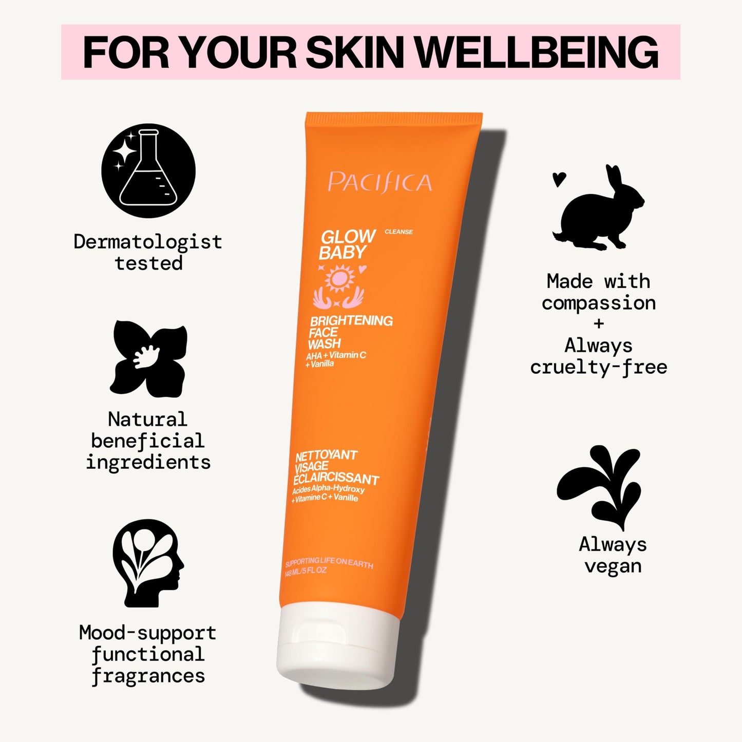 Pacifica Glow Baby Brightening Facial Cleanser 5oz - Vitamin C & Glycolic Acid (AHA) Face Wash for Radiance - Daily Cleanser for Anti-Aging