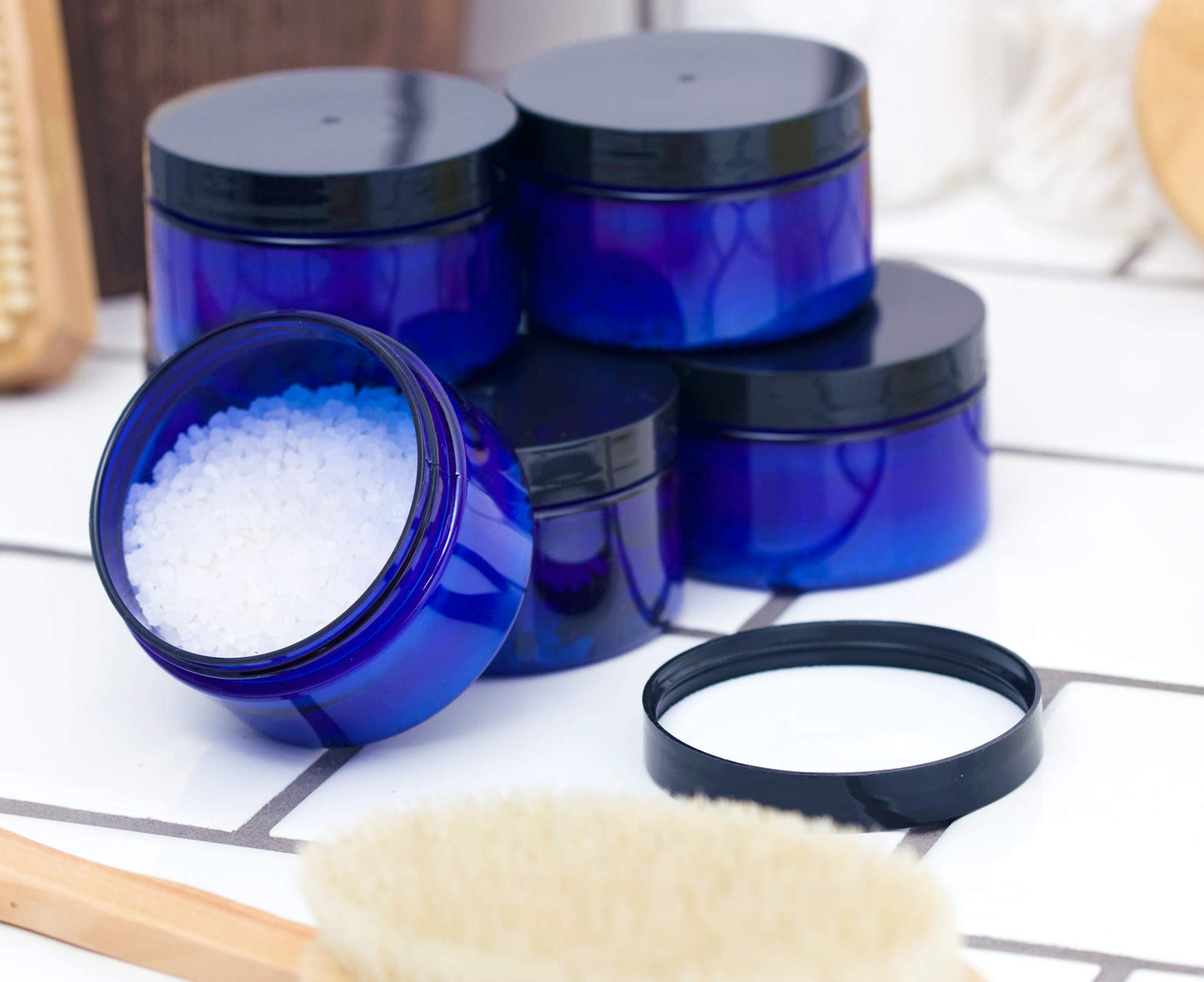 2 oz Cobalt Blue Heavy Wall Plastic Refillable Low Profile Jar with Black Lid (6 pack)