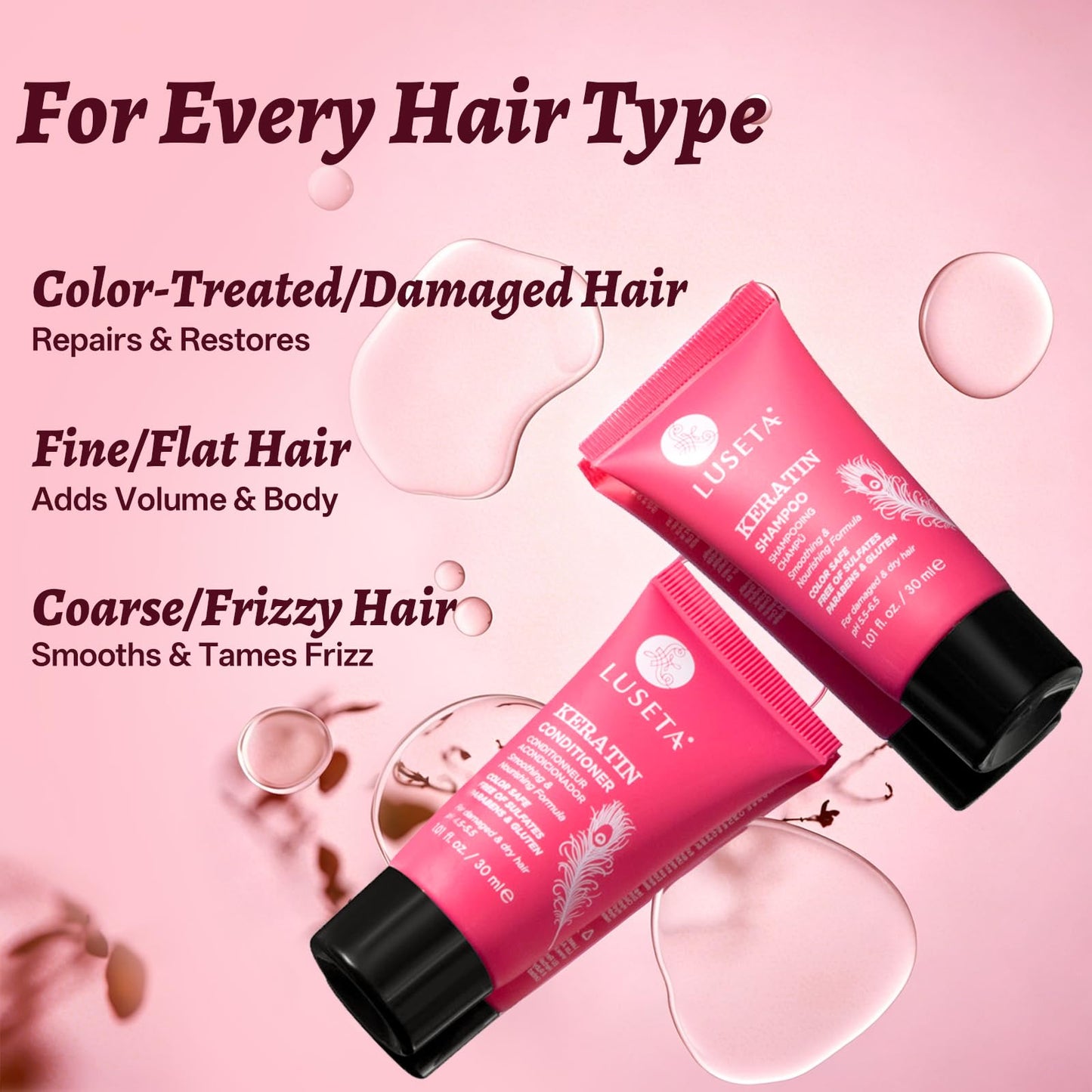 Luseta Keratin Travel Shampoo and Conditioner Set For Dry, Damaged, or Color Treated Hair Smoothing & Hydrating Mini Kit Carry On Friendly Sulfate