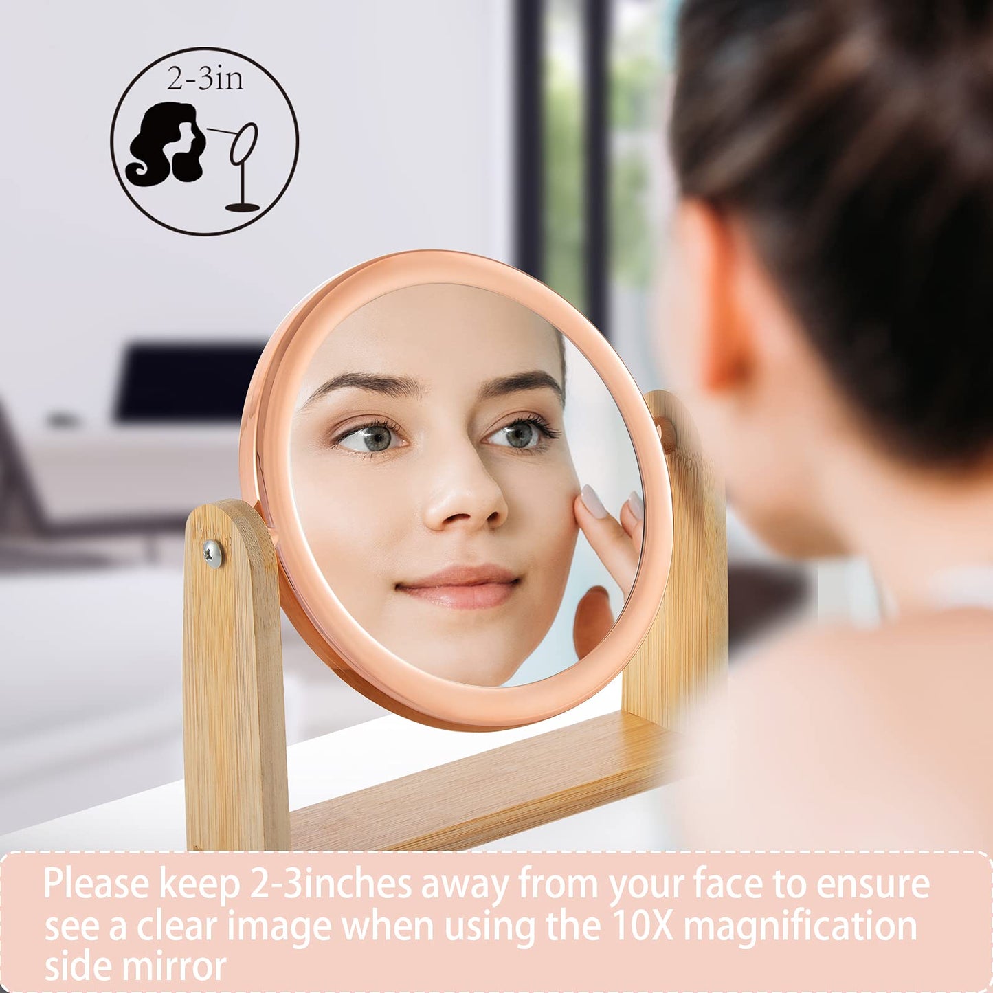 YEAKE Double Sided 10X Magnifying Makeup Mirror with Bamboo Stand,Small Desk Table Mirror with 360° Rotation,Standing Portable Cosmetic Mirror,Good