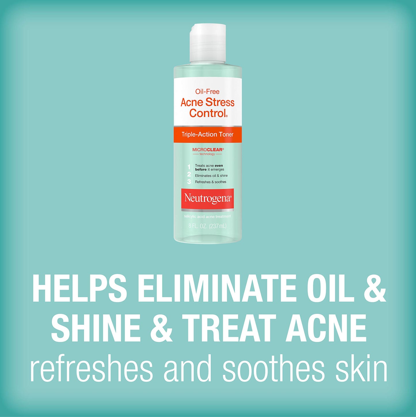 Neutrogena Oil-Free Acne-Fighting Stress Control Triple-Action Facial Toner, Soothing and Refreshing Toner with Salicylic Acid Acne Medicine, Green