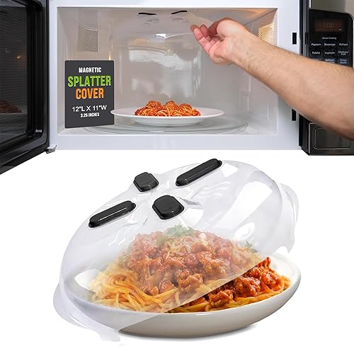 HOVER COVER Magnetic Splatter Cover, 12-Inch Clear BPA-Free Food Lid, Vented Plate Guard with Steam Vents, Anti-Splash Microwave Lid, Dishwasher…