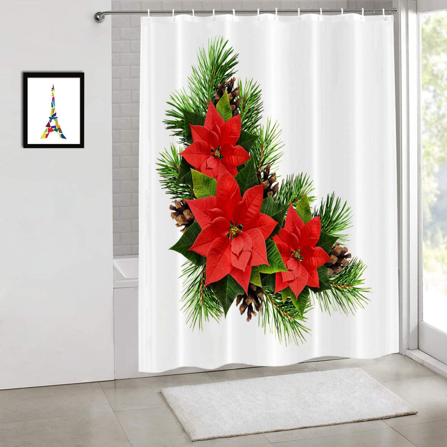 Shrahala Christmas Flowers White Decorative Shower Curtain, Poinsettia Christmas Curtain for Bathtubs Bathroom Decor Waterproof Funny with Grommets…
