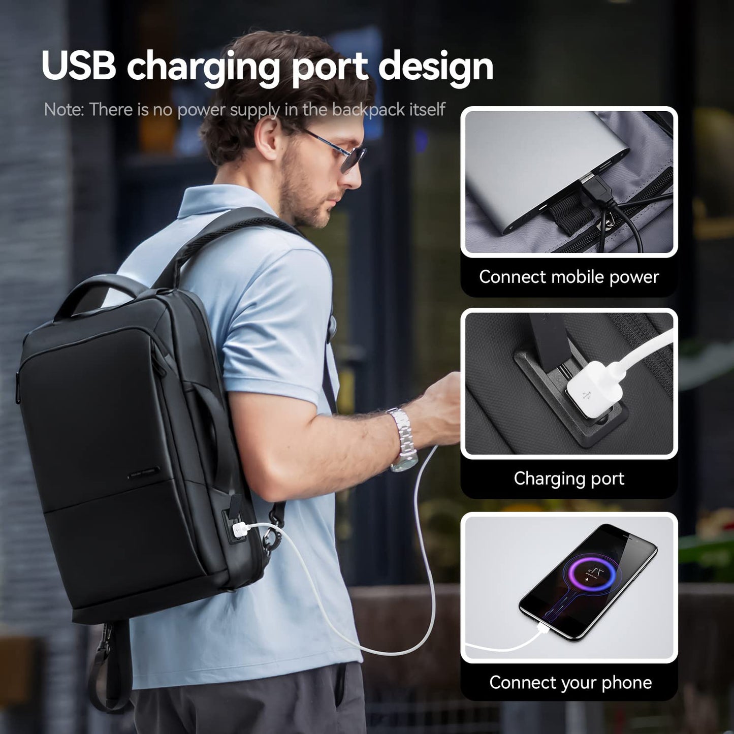 Muzee 3in1 Slim Business Backpack Laptop Backpack For Men with Executive Briefcase Casual Daypack Fits 15.6 Inch Laptop USB Port Black