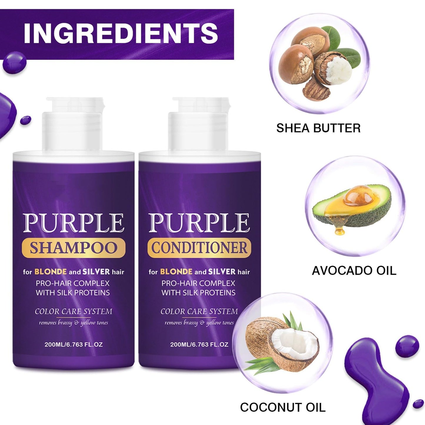 Purple Shampoo and Conditioner Set, Purple Toning Shampoo & Conditioner for Blonde, Bleached, Silver, Gray Hair, Color Treated Hair, Removes Yellow