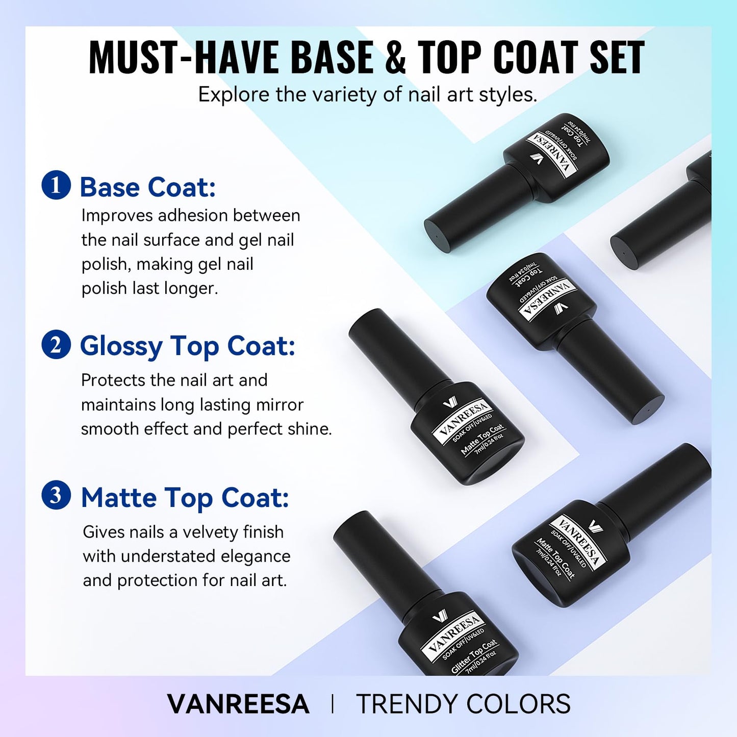 VANREESA 24 Pcs Gel Nail Polish Set, 21 Colors Gel Polish with Base Coat Glossy & Matte Top Coat Pink Orange Yellow Green Purple Blue Glitter Gel Beauty and Personal Care VANREESA