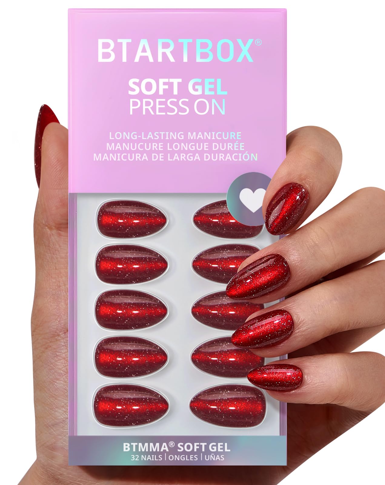 BTArtbox Press On Nails, New Red, Short Almond, Red Cat Eye Sparkle, 32Ct Beauty and Personal Care BTArtbox Default Title